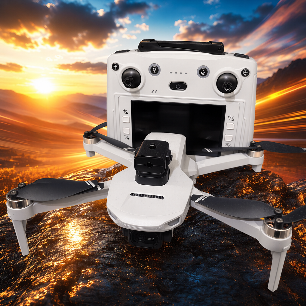 The white drone features a lightweight design and is a dual-purpose indoor and outdoor remote-controlled aerial photography device Specification image