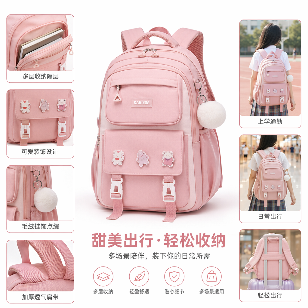 This pink backpack is a fashionable, versatile, lightweight and large-capacity student commuting and casual backpack for women