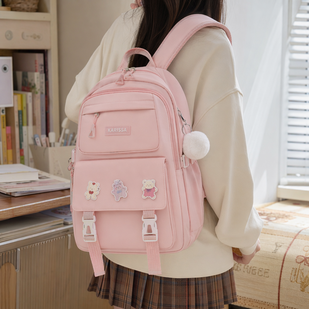 This pink backpack is a fashionable, versatile, lightweight and large-capacity student commuting and casual backpack for women details Picture
