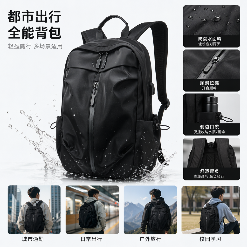 Black nylon wear-resistant commuting backpack, lightweight and large-capacity, specially designed for students and office workers