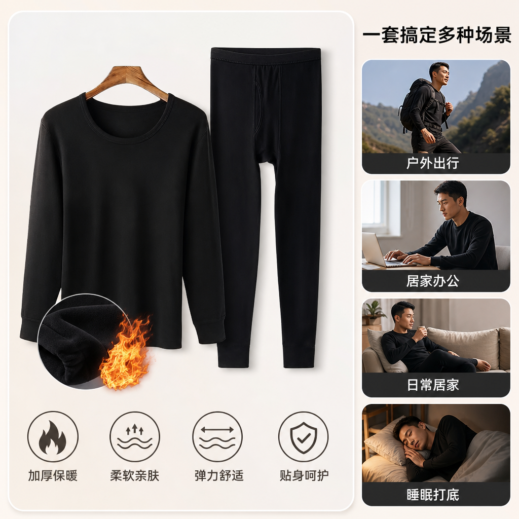 黑色棉质保暖套装 圆领长袖上衣配长裤