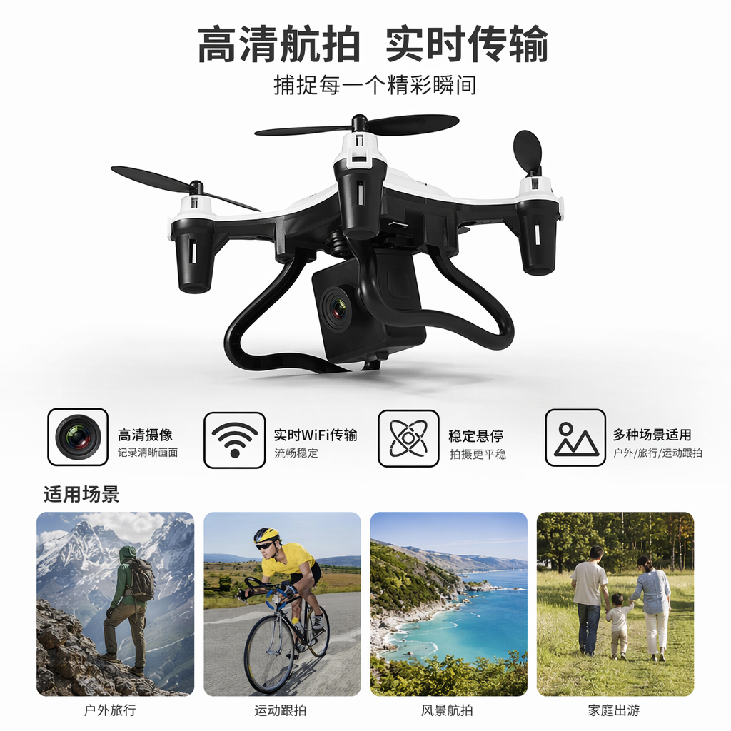 黑色无人机航拍器4K高清遥控飞行器可折叠便携式