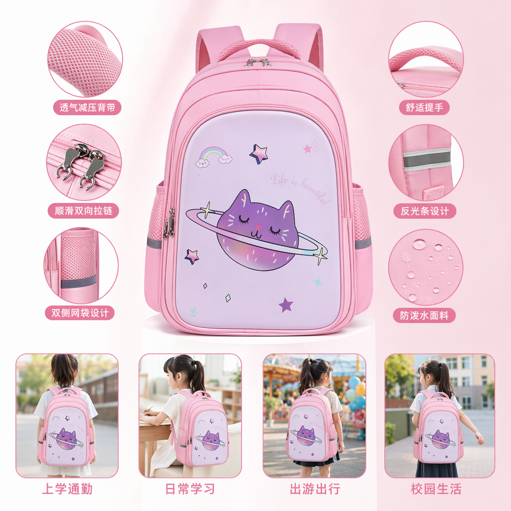 粉色渐变背包 紫色猫形星球图案 彩虹星星Life is beautiful