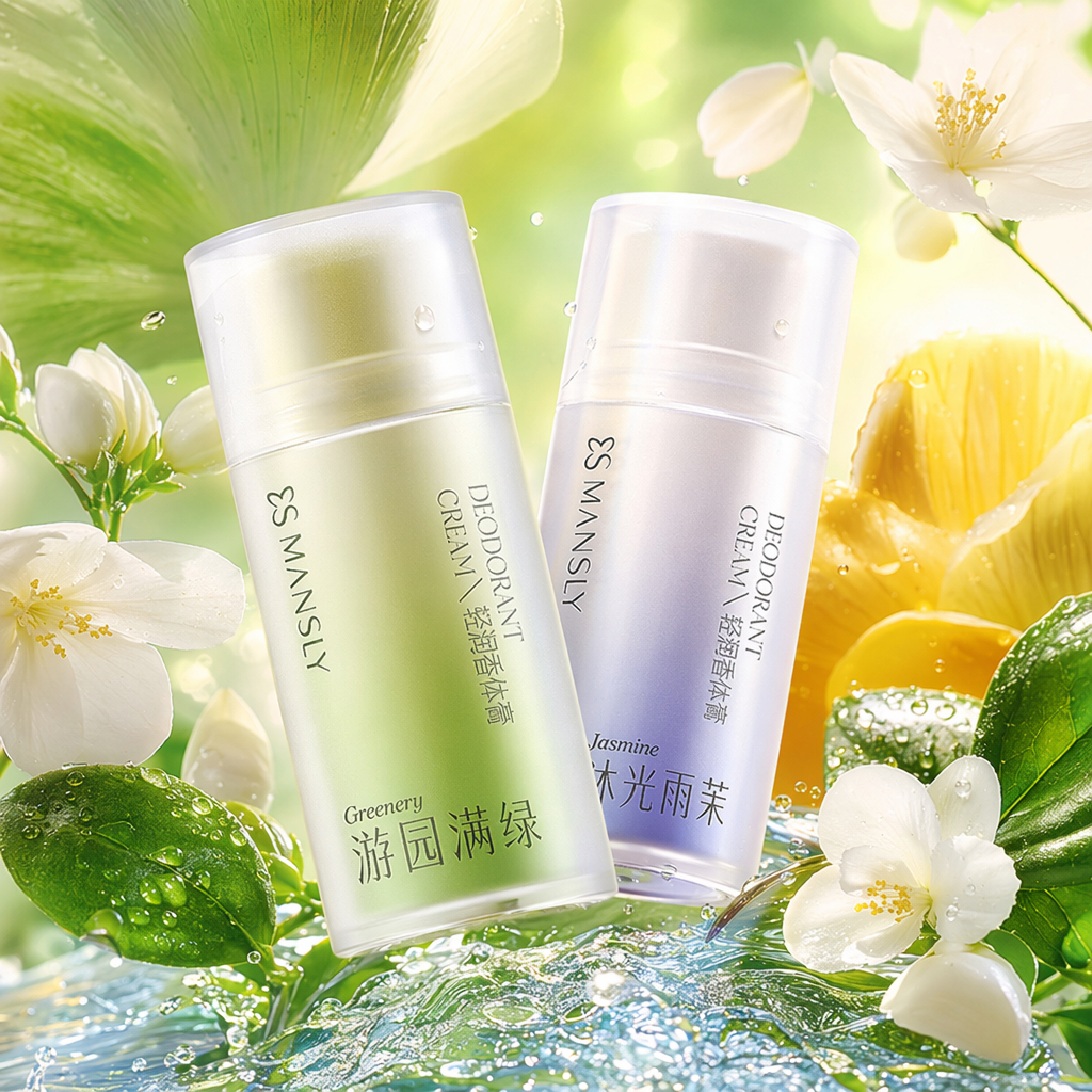3S MANSY Flower Joy Fragrance Body Cream, light green gradient packaging, transparent bottle, milky white cream body Specification image