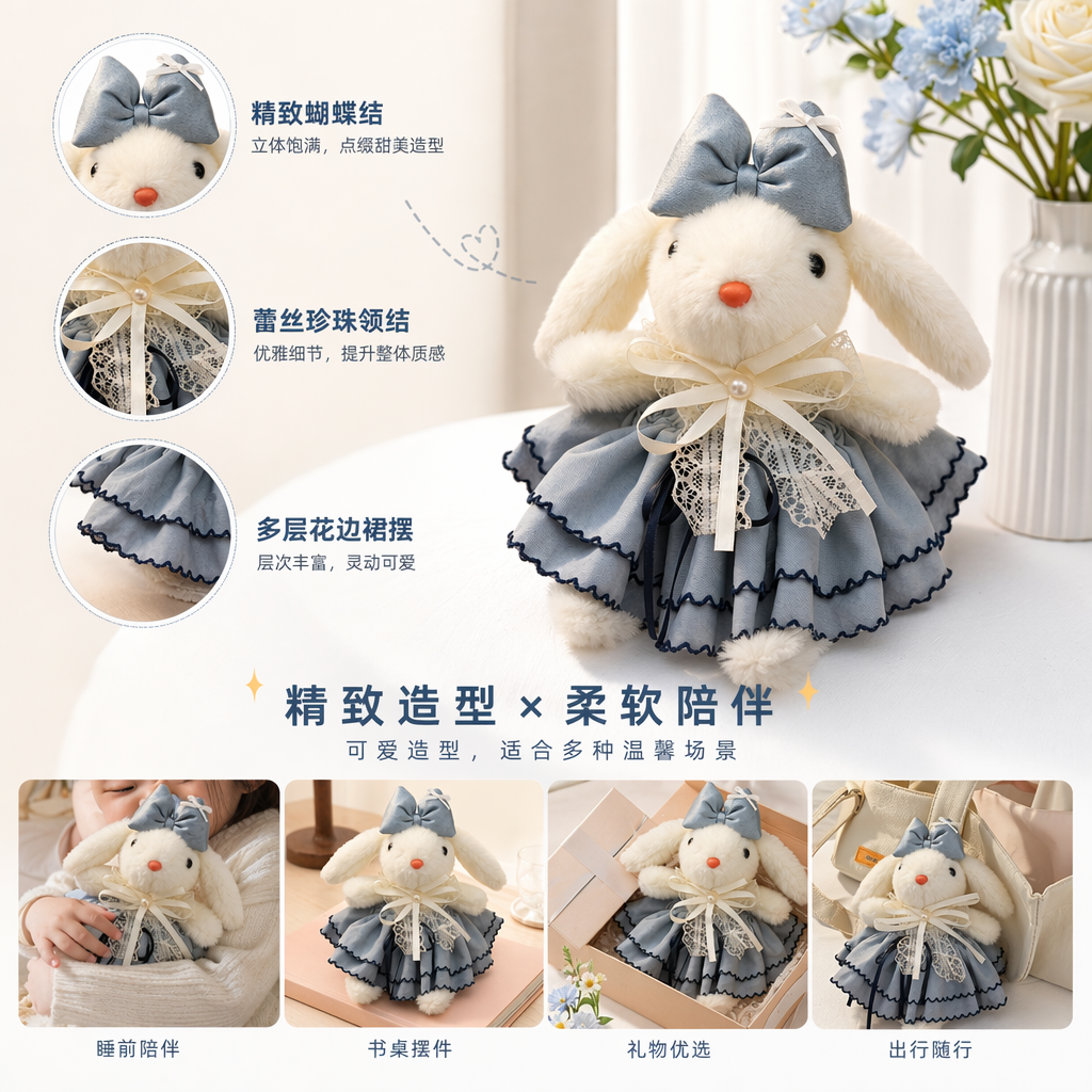 A white plush rabbit doll is wearing a light blue bow on its head and a light blue ruffled skirt decorated with lace and pearls