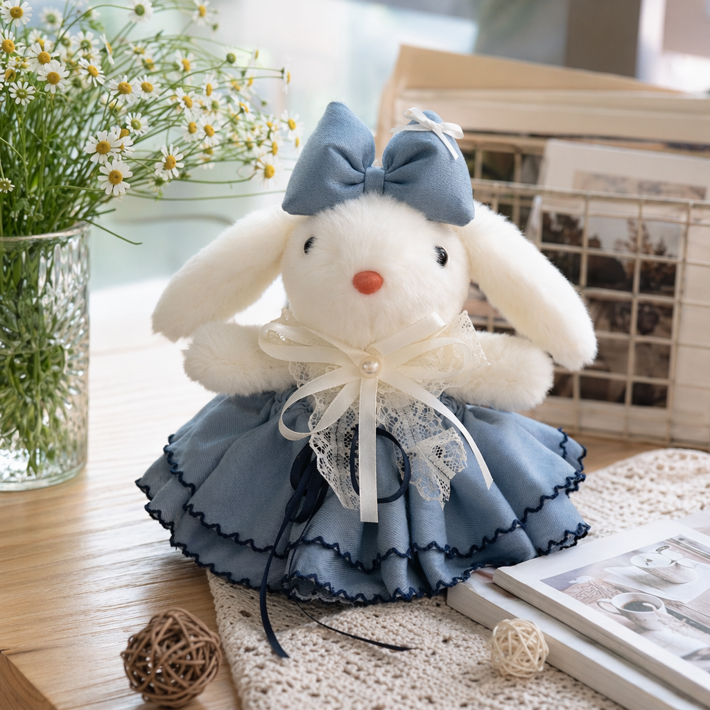 A white plush rabbit doll is wearing a light blue bow on its head and a light blue ruffled skirt decorated with lace and pearls details Picture