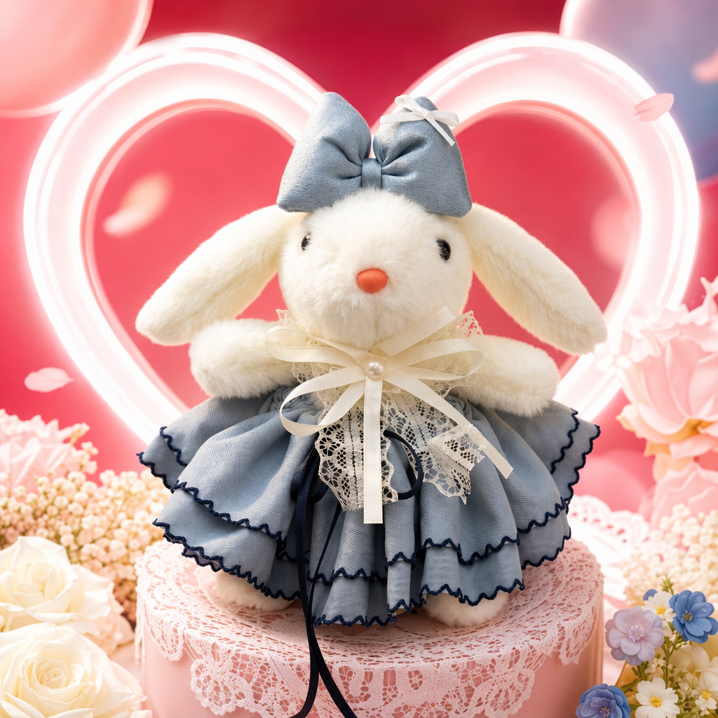A white plush rabbit doll is wearing a light blue bow on its head and a light blue ruffled skirt decorated with lace and pearls Specification image