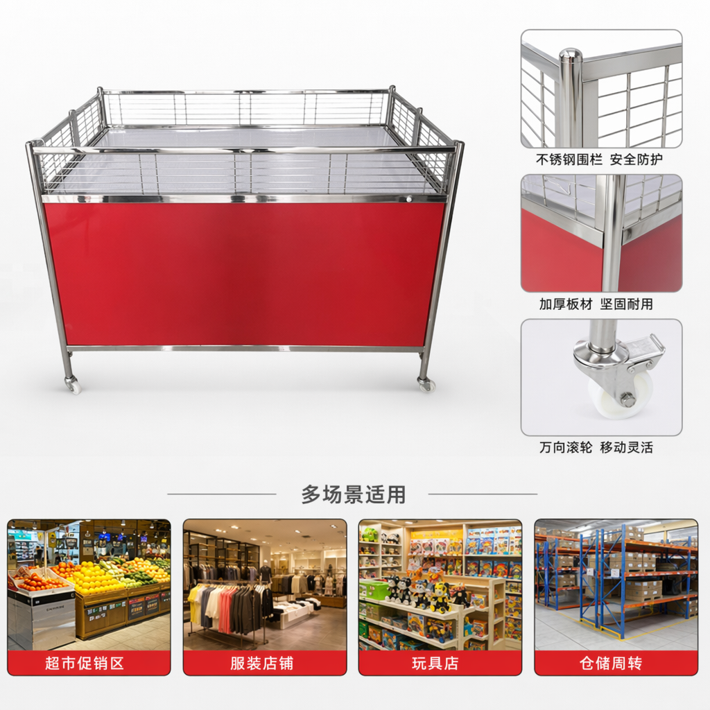 红色底座金属网格促销车 移动展架 商超货架推车