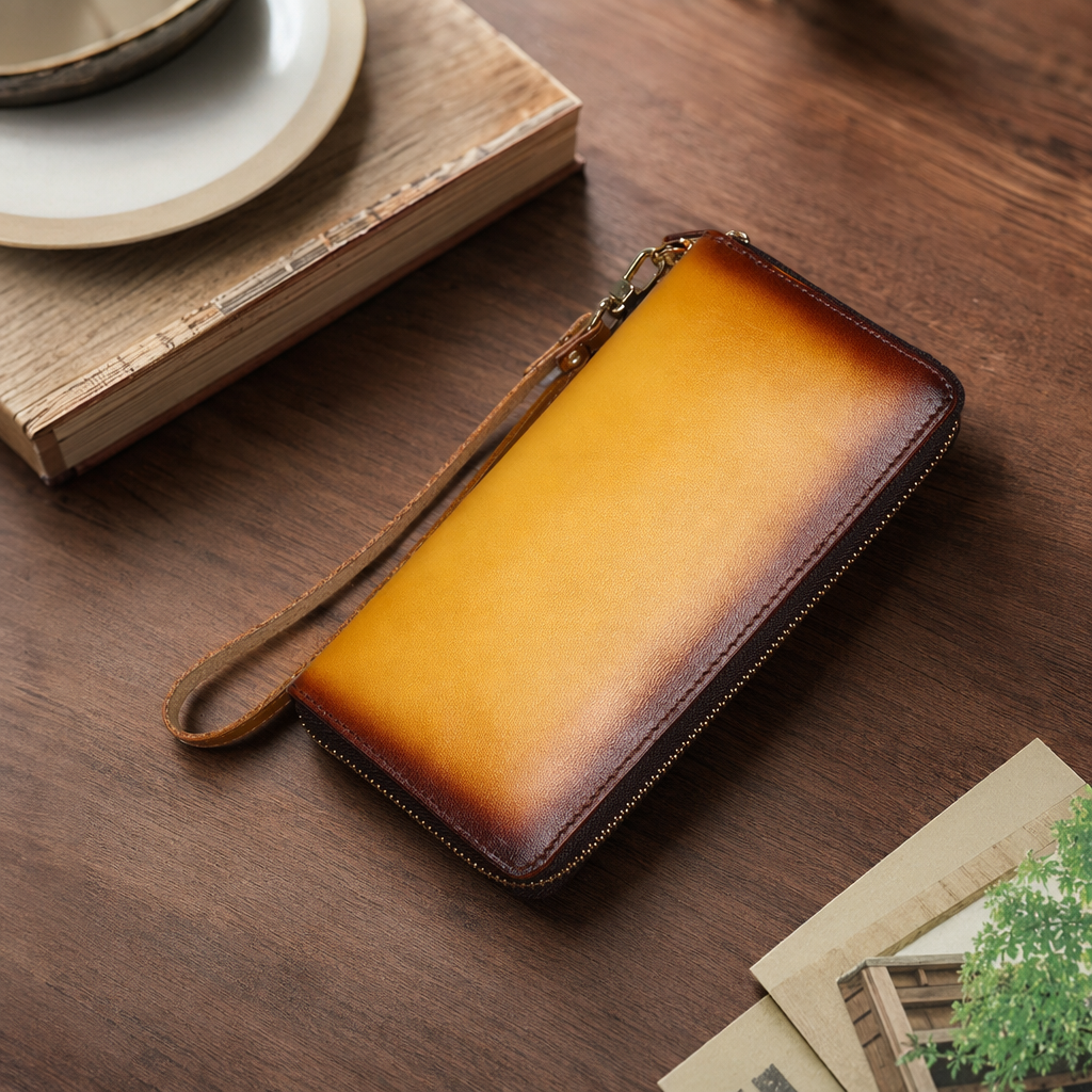 A long, yellowish-brown gradient leather wallet with a large capacity and multiple compartments for women details Picture