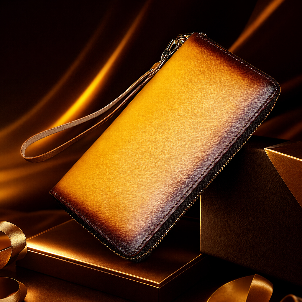 A long, yellowish-brown gradient leather wallet with a large capacity and multiple compartments for women Specification image