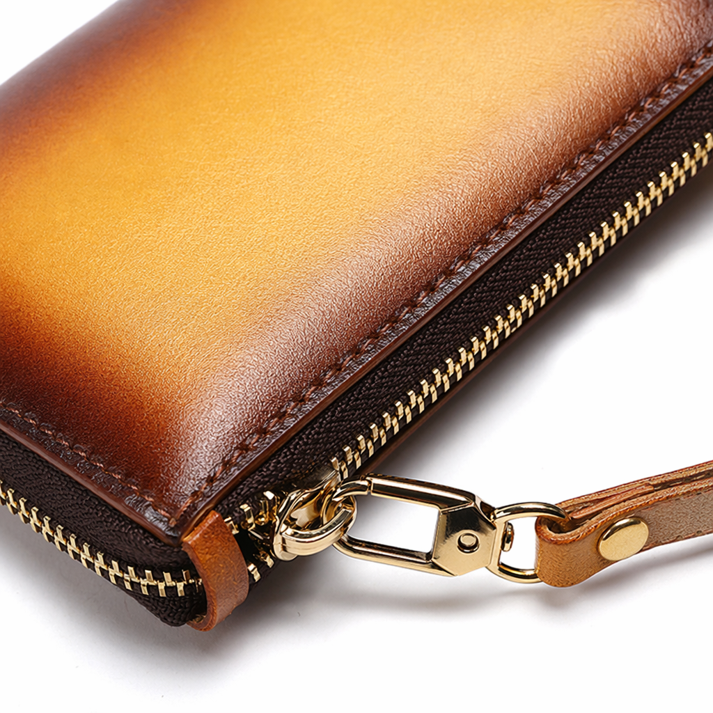 A long, yellowish-brown gradient leather wallet with a large capacity and multiple compartments for women Application Scenario
