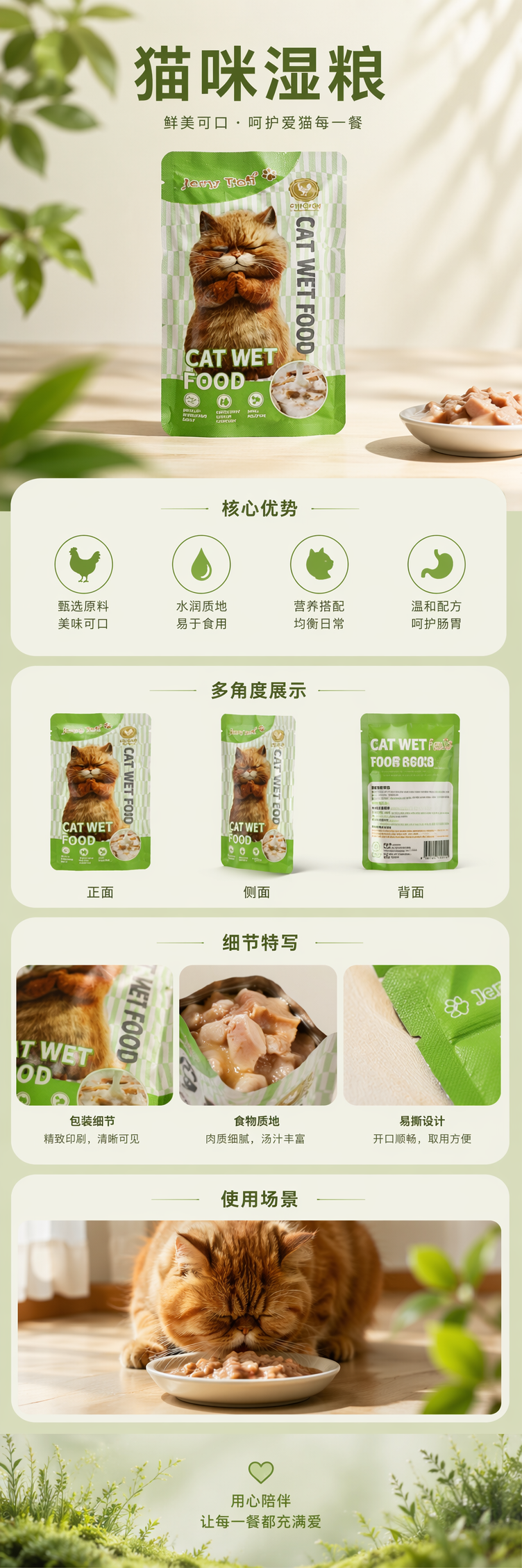 绿色包装袋猫罐头食品高蛋白主食级全价猫粮 pic 1