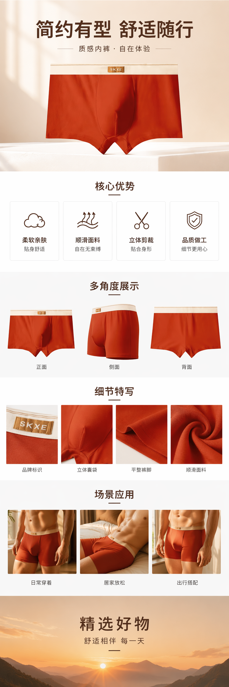 橙色纯棉男士内裤舒适透气四角平角款详情1