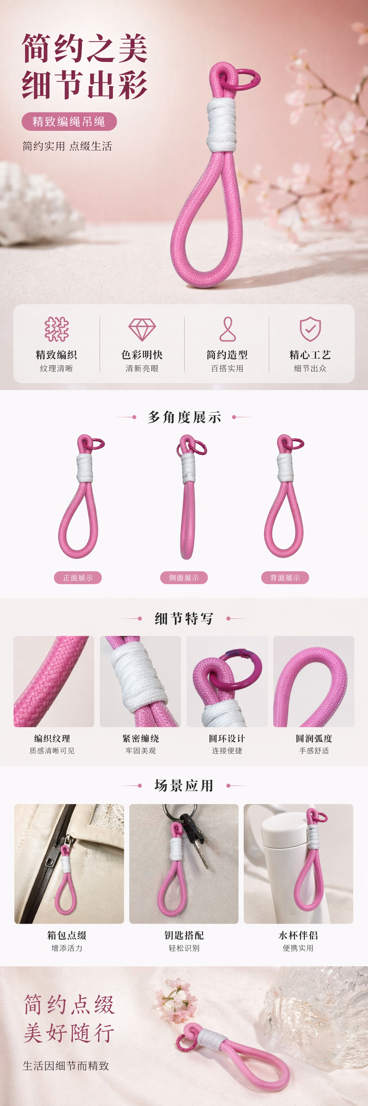 粉色绳结挂件手工编织汽车钥匙扣手机链装饰配件详情1