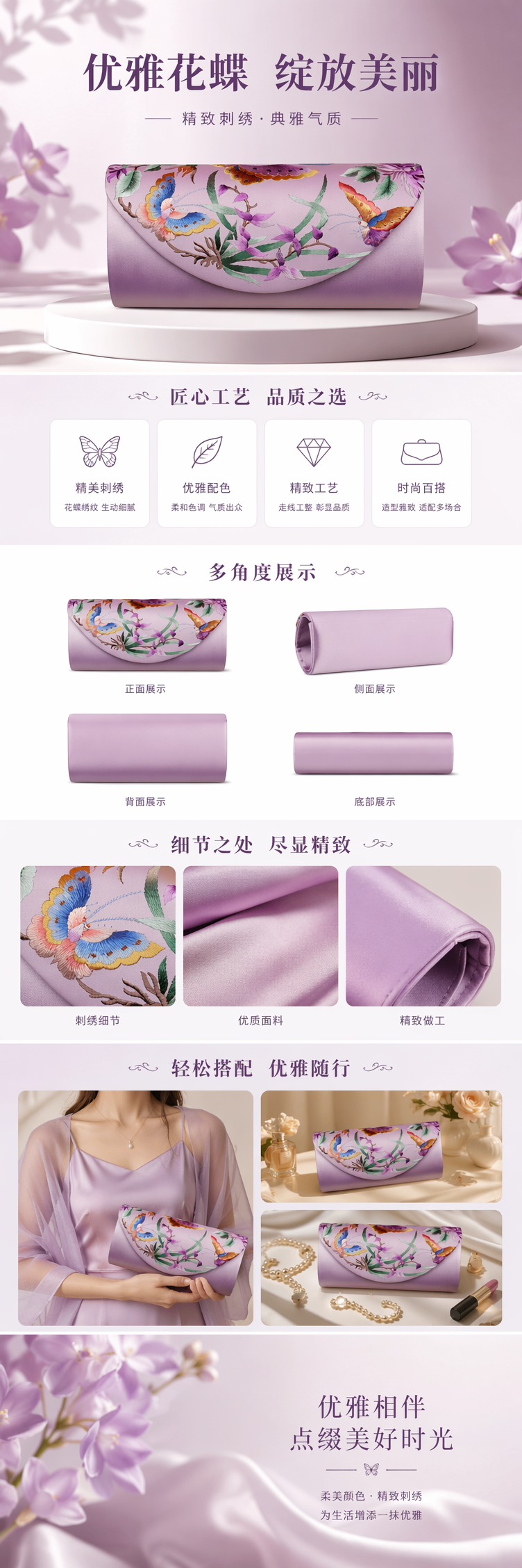 紫色刺绣蝴蝶花卉图案眼镜盒 便携软壳防刮保护收纳 pic 1