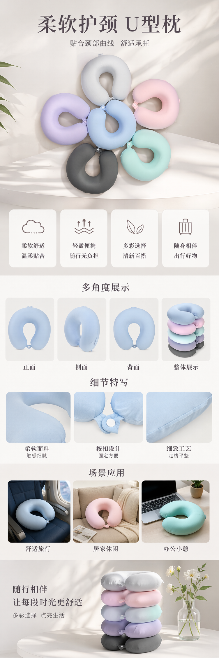 彩色U型枕 颈部支撑 旅行办公午休枕 舒适记忆棉详情1