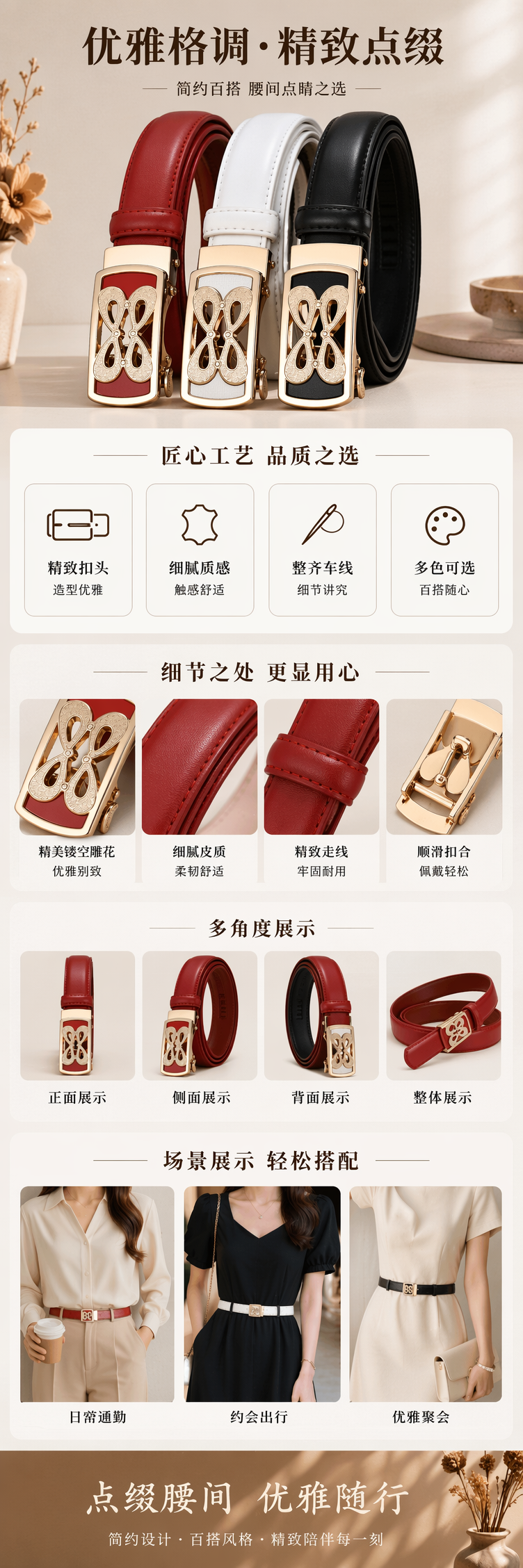 红色白色黑色皮带三件套 金色蝴蝶结自动扣皮带详情1