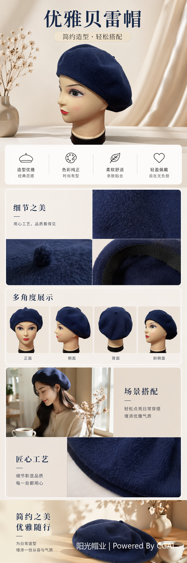 深蓝色贝雷帽跨境帽子女羊毛贝雷帽复古英伦毛呢针织画家帽成人秋冬保暖帽子 pic 1