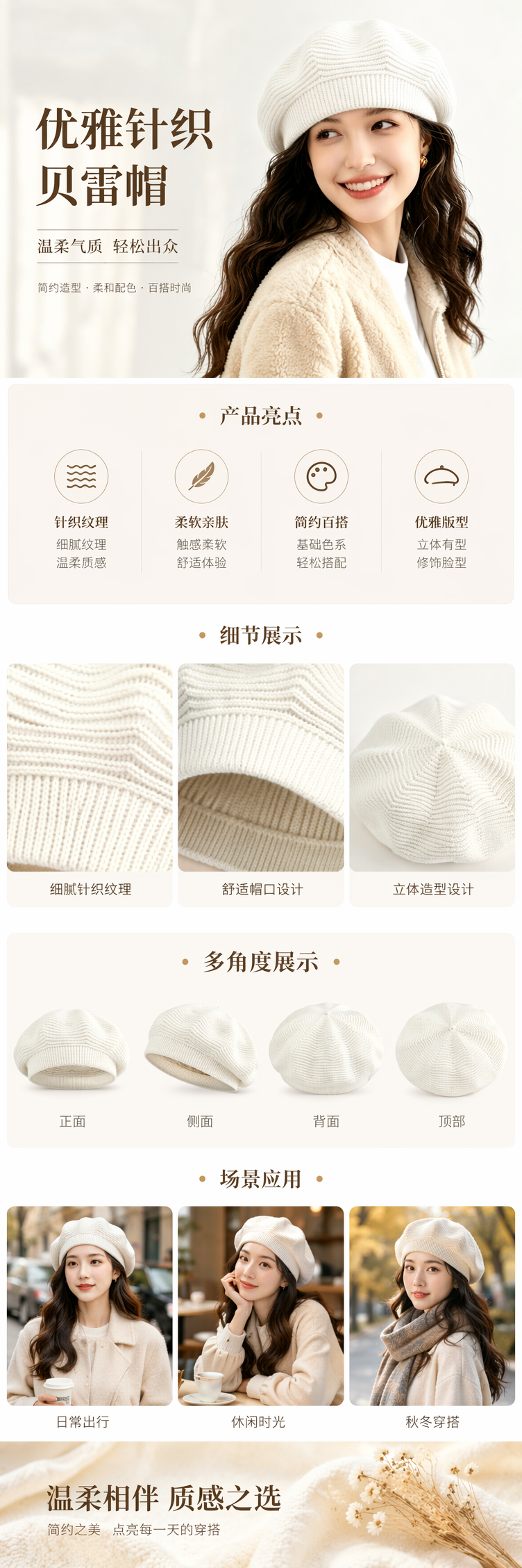 白色针织贝雷帽女秋冬韩版百搭显脸小毛呢软糯帽羊绒贝雷帽定制小批量打样蓓蕾帽女士英伦风大头围画家帽工厂直销详情1