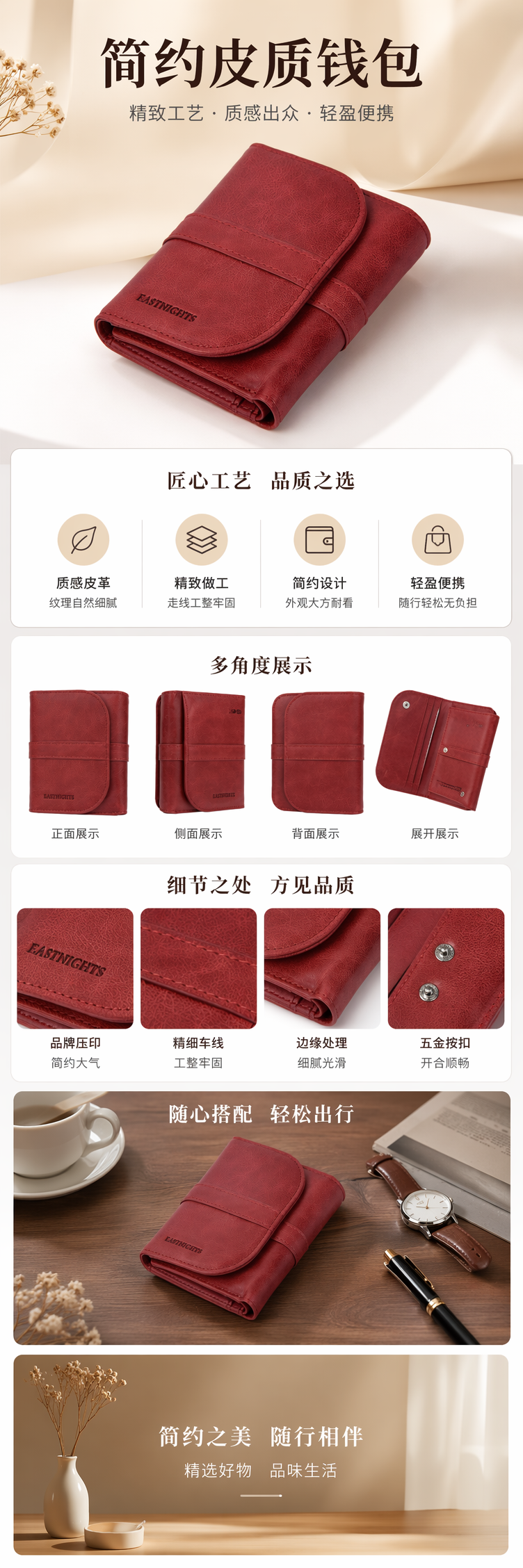 红色皮质钱包女士简约时尚长款真皮零钱卡位包 pic 1
