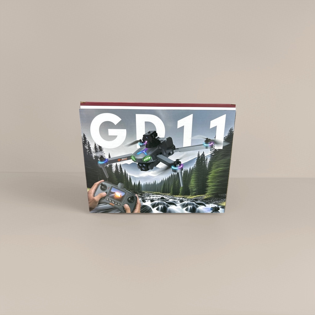 The black drone packaging box features a GD11-patterned handheld remote control design for flying drones Specification image