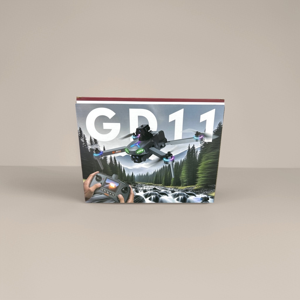 The black drone packaging box features a GD11-patterned handheld remote control design for flying drones