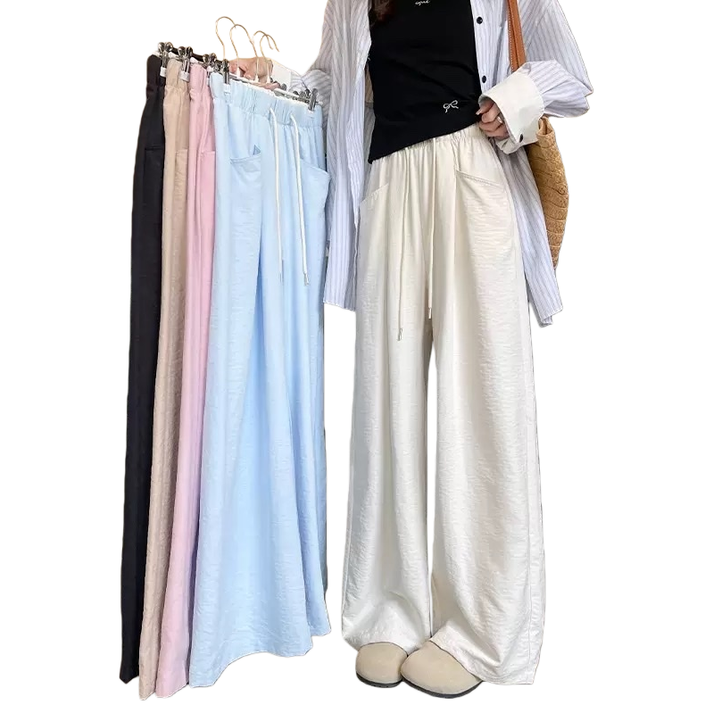 The off-white wide-leg pants of a female model in real photos show a slimming and flowing casual long pants Item Picture