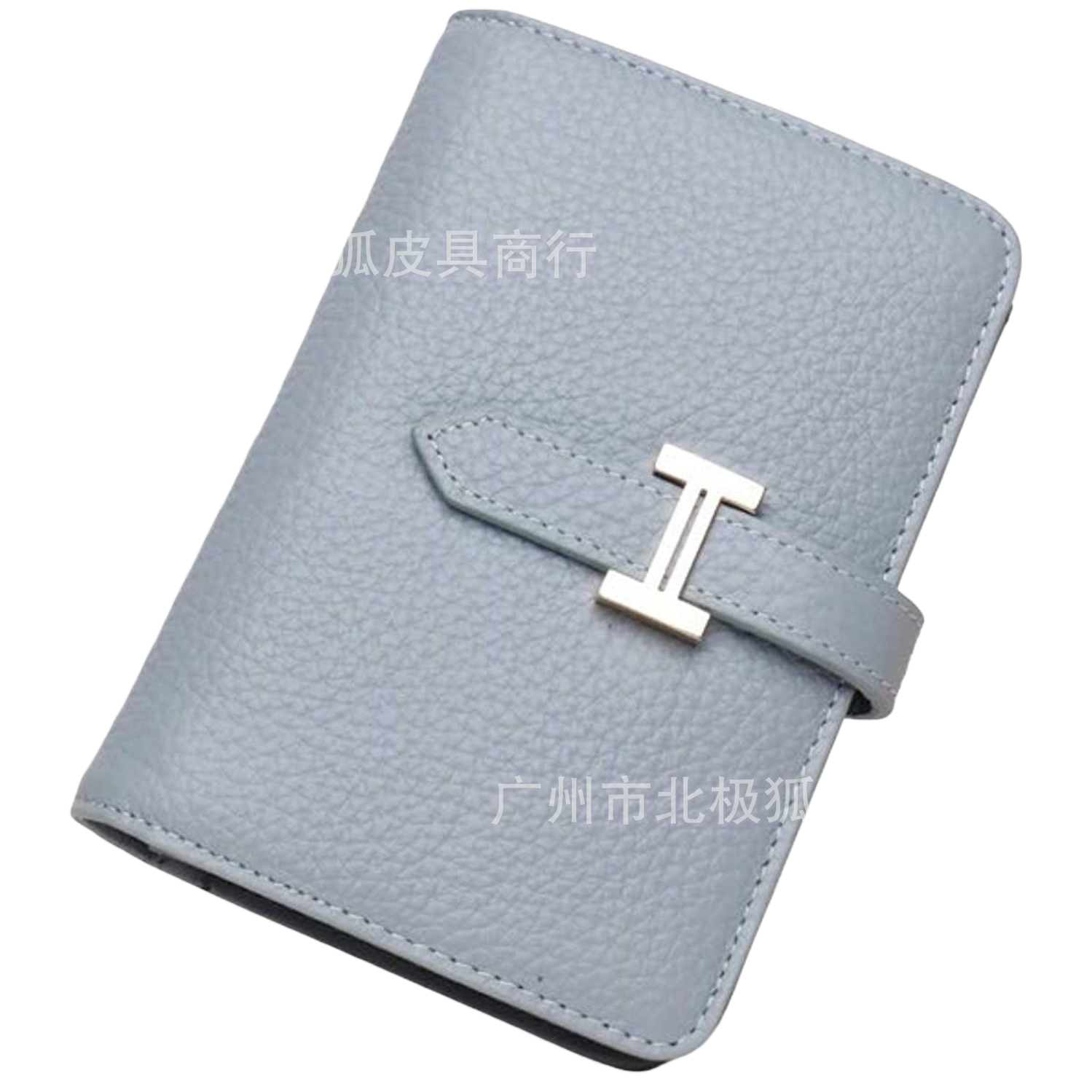 A light grey textured leather wallet with a silver H-shaped metal clasp Item Picture