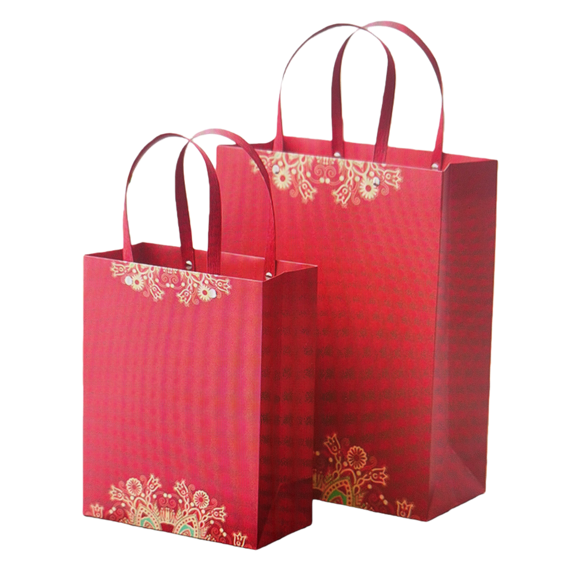 مجموعة أكياس هدايا حمراء في خلفية خضراء من كيس هدايا مزخرفة بالذهب وتنوع الأحجام Item Picture
