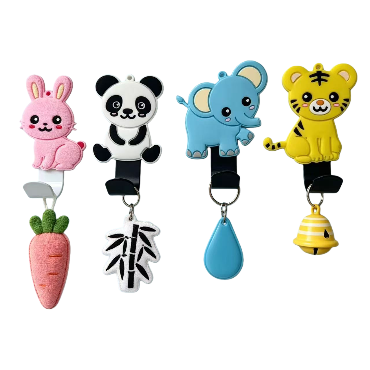 Colorful cartoon animal hooks, rabbit, panda, elephant and tiger-shaped keychain hangers, bathroom door, dormitory wall hangers, clothes and hats wholesale, cute PVC animal hangers, cartoon hook hangers Item Picture