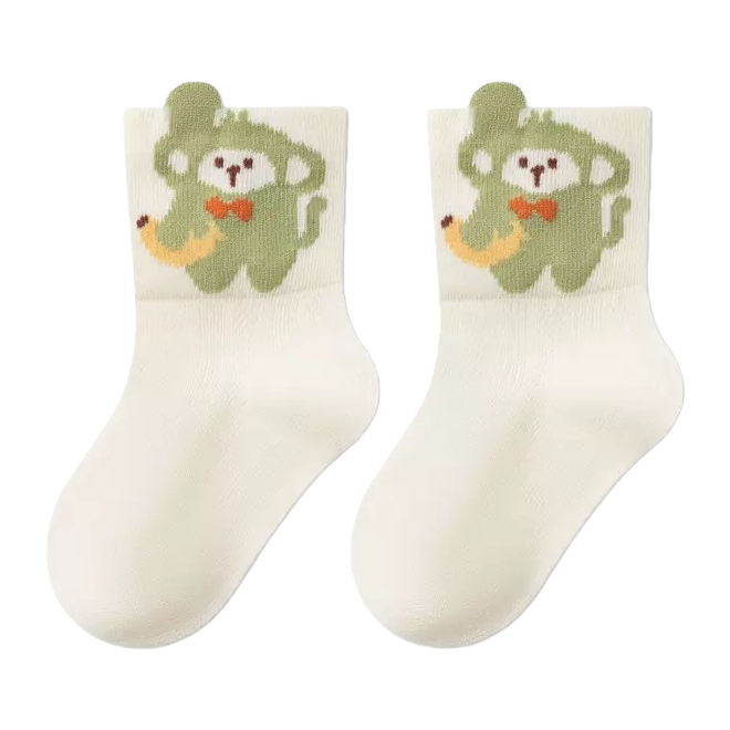 Off-White Socks, Green Monkey Pattern Pure Cotton Mid-Calf Socks, Unisex Item Picture