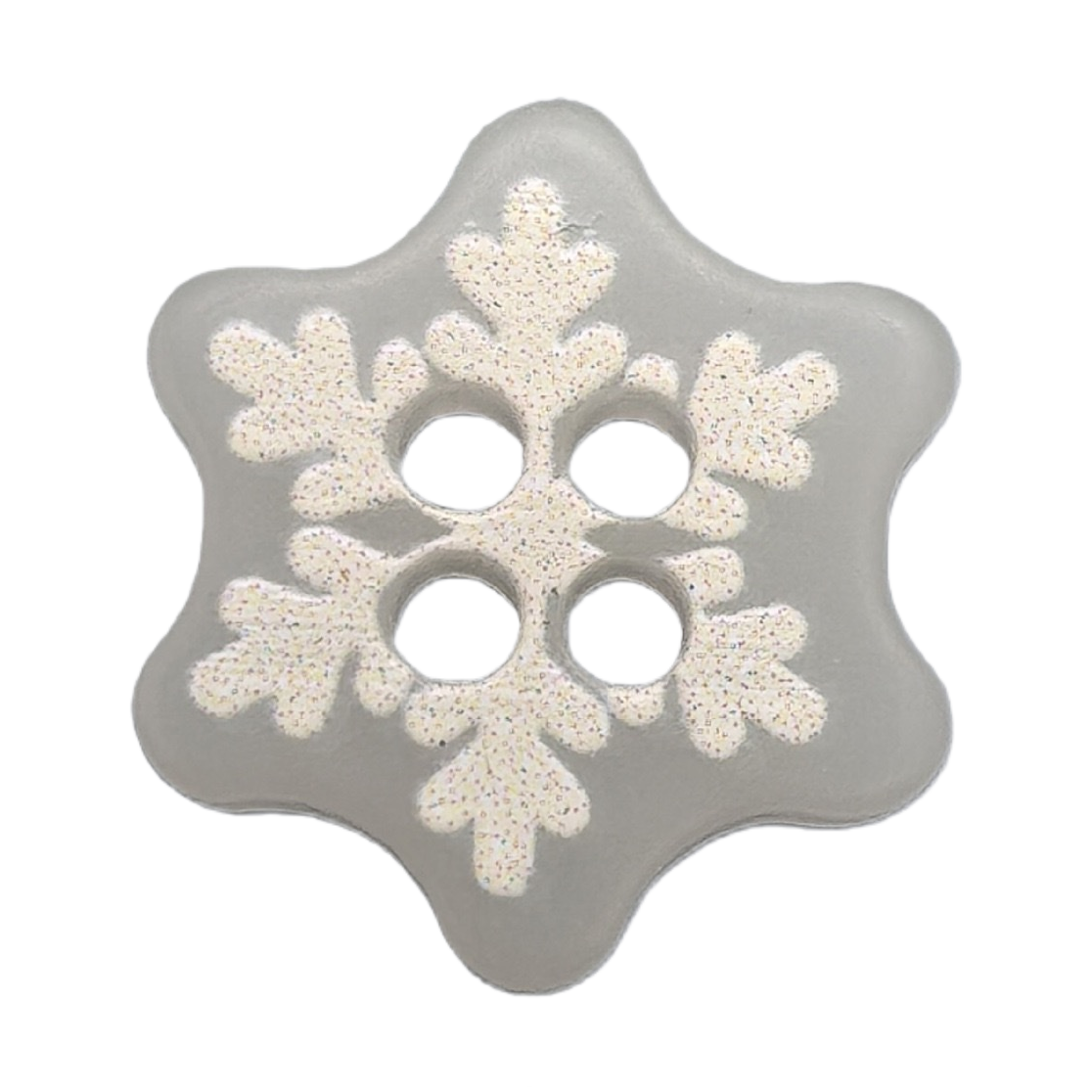 灰色雪花形纽扣，带有白色闪光雪花图案和四个孔洞白底实物图