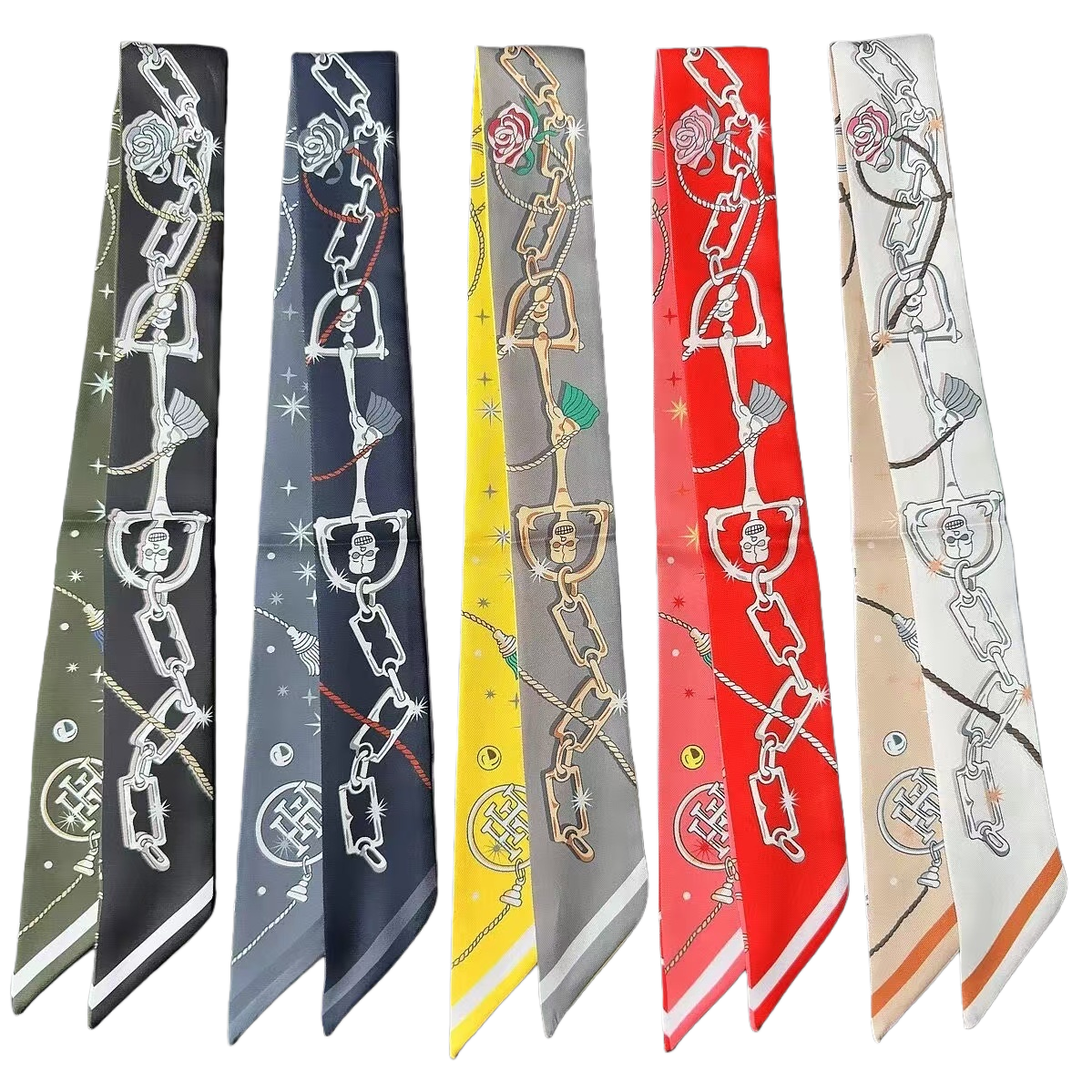 A long silk scarf with a multi-color chain horse armature pattern Item Picture