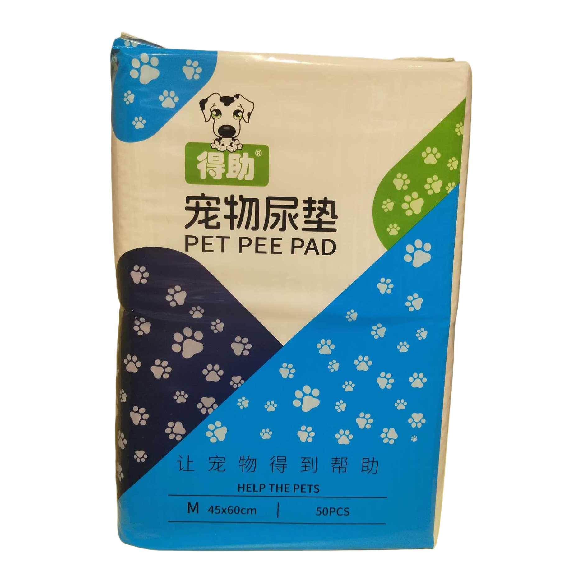 Blue, white, green and black striped packaging pet urine pad, water-absorbing and leak-proof disposable pet care pad Item Picture