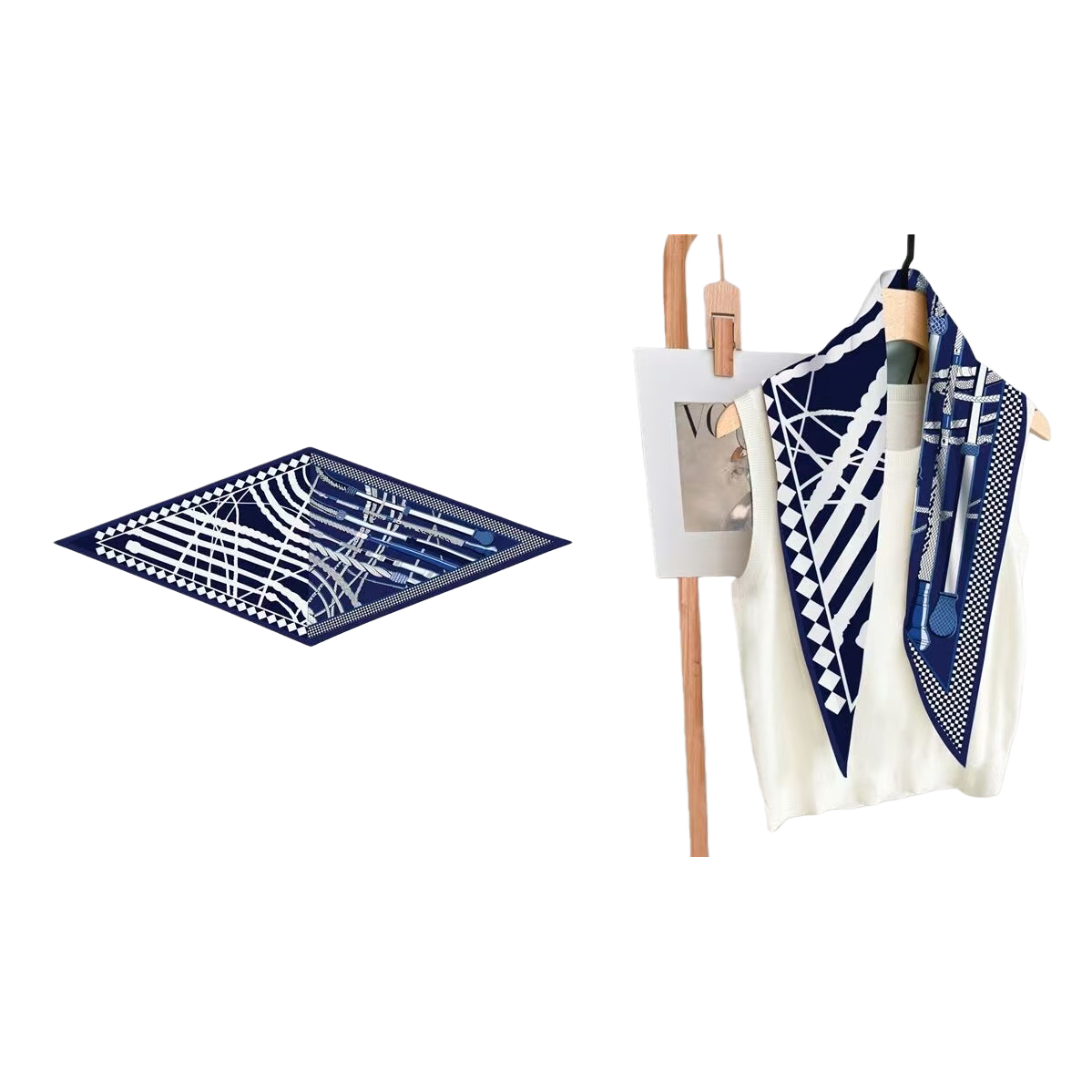 A thin, fashionable and versatile silk scarf with deep blue and white geometric patterns for women in spring and summer Item Picture