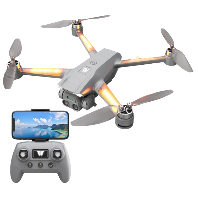 The grey drone is equipped with orange lighting effects, a camera, a remote control and a mobile phone display screen Item Picture