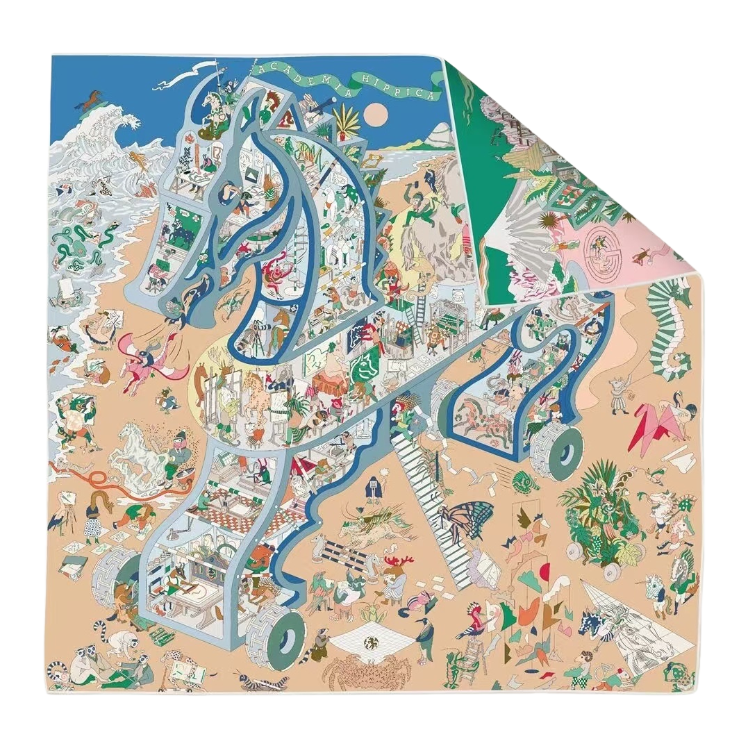彩色插画丝巾，为蓝色边框的木马造型，内部填充丰富细节场景，背景含海洋、山峦与“ACADEMIA HIPPICA”字样白底实物图