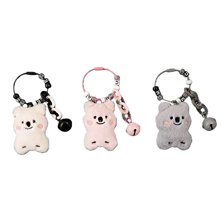 Three plush koala keychains with black, pink and grey theme decorative chains and bell keychains Item Picture