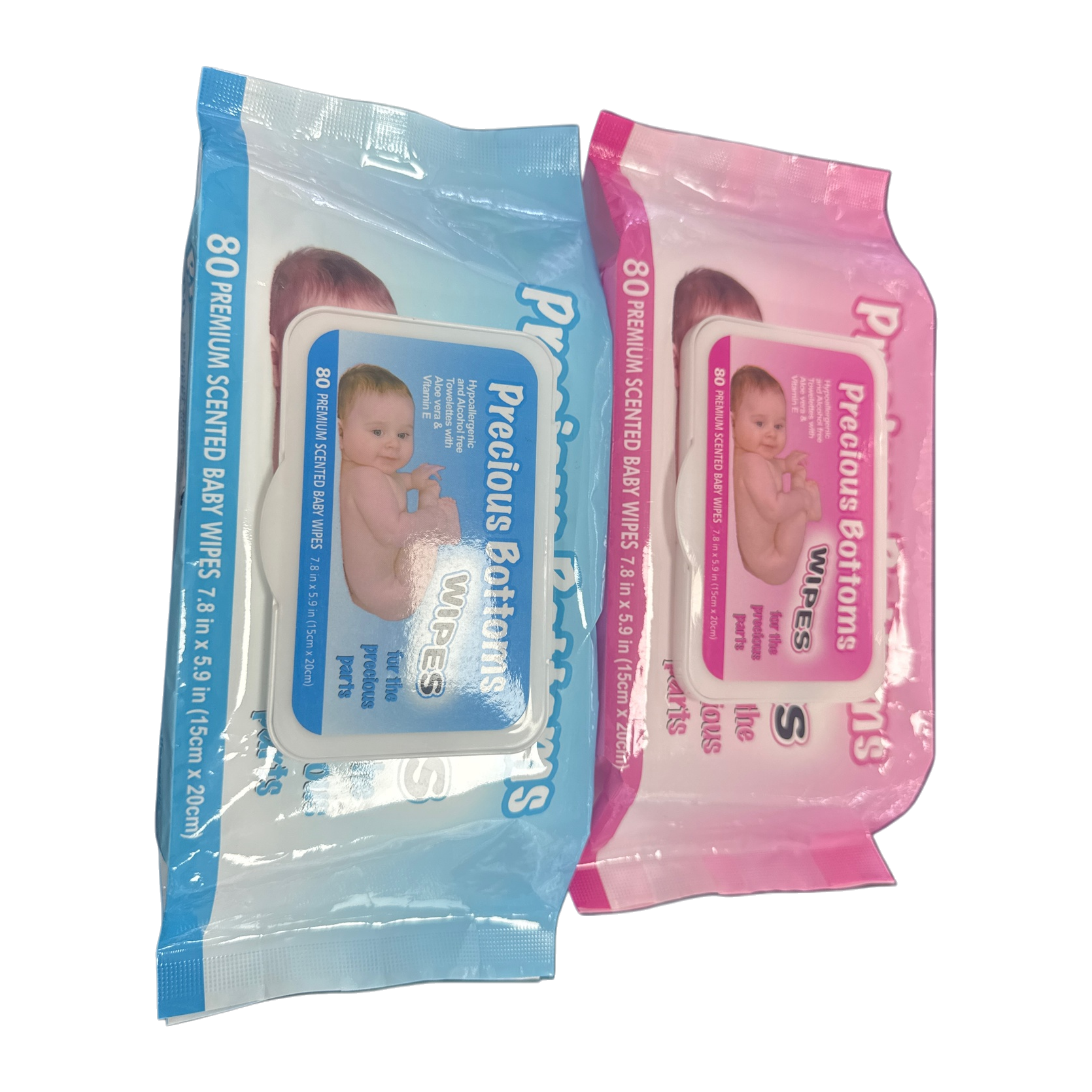 蓝色和粉色包装的婴儿湿巾，为“Precious Bottoms WIPES”品牌湿巾包白底实物图