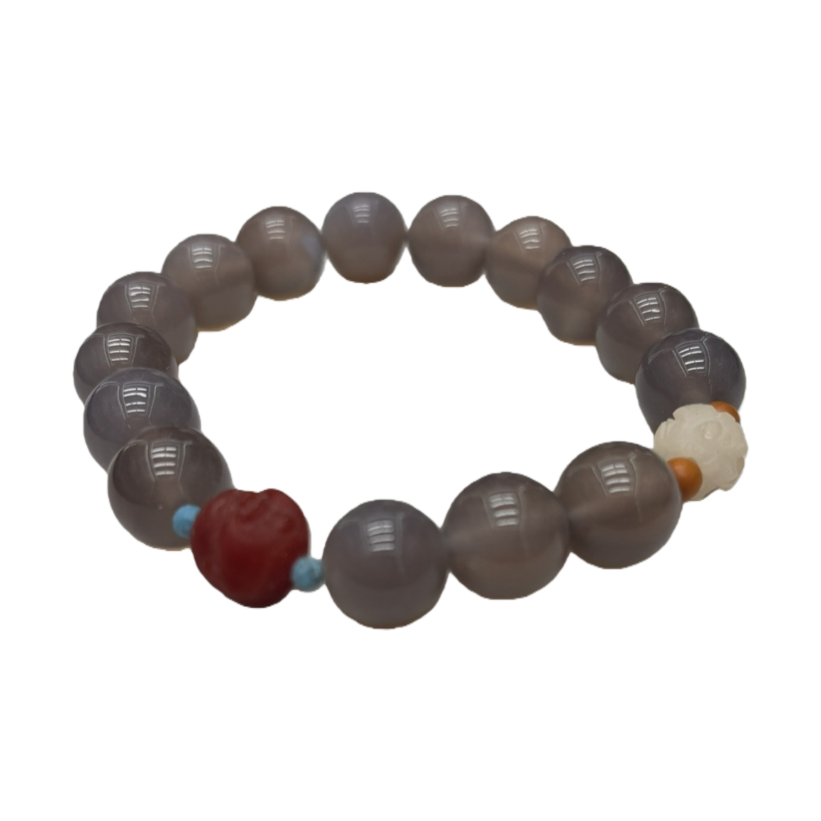 The greyish-brown beaded bracelet is decorated with red agate, blue turquoise and white jade carvings Item Picture