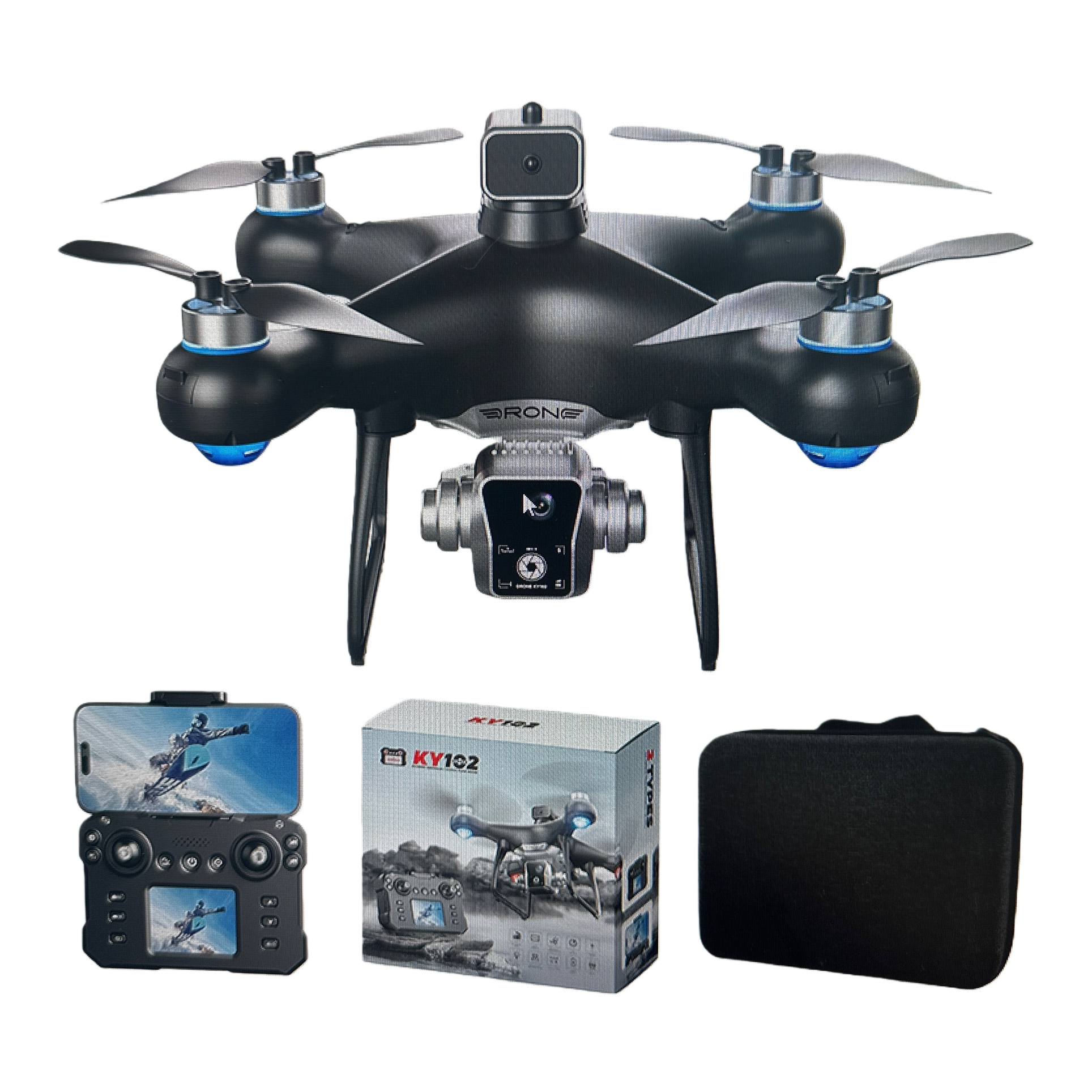 A black dual-camera drone with blue LED lights Item Picture