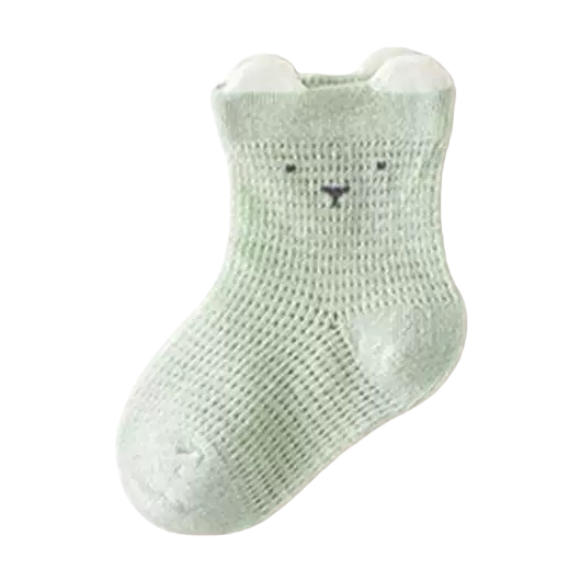 Light green knitted baby socks with ear and small face patterns, cute baby socks Item Picture