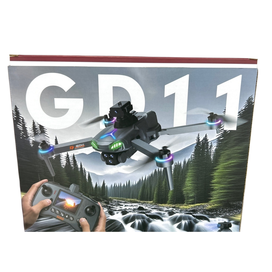 The black drone packaging box features a GD11-patterned handheld remote control design for flying drones Item Picture