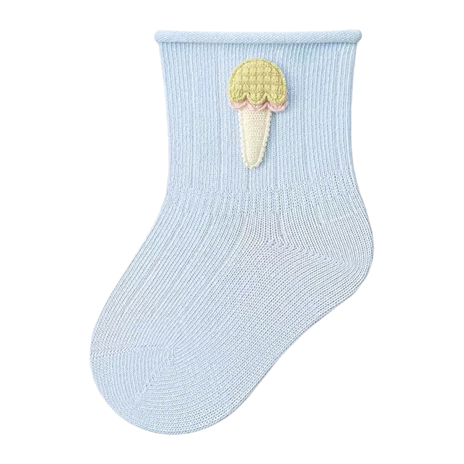 Light blue knitted socks with ice cream-shaped decorations at the top Item Picture