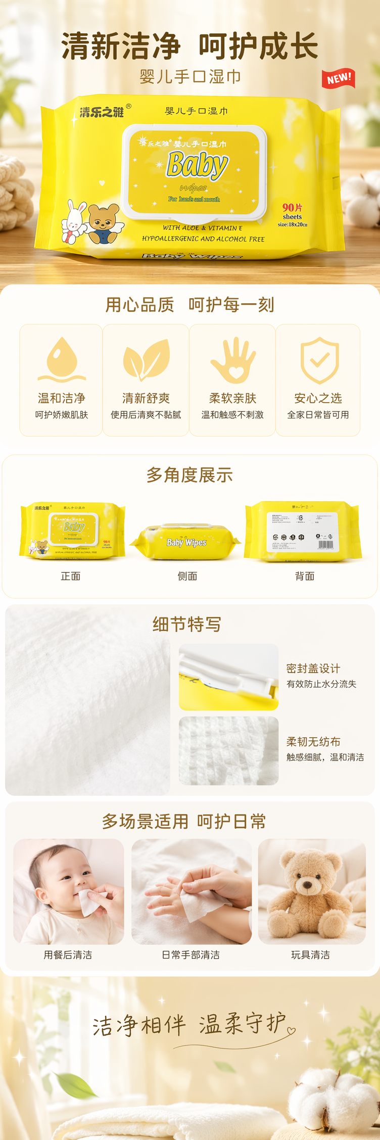 黄色包装婴儿手口湿巾 80抽温和无酒精可擦脸小包便携详情1