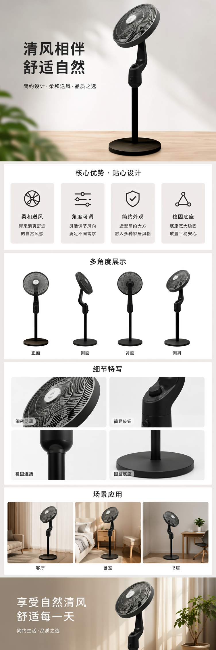 黑色立式风扇家用静音节能落地扇大风力广角送风详情1