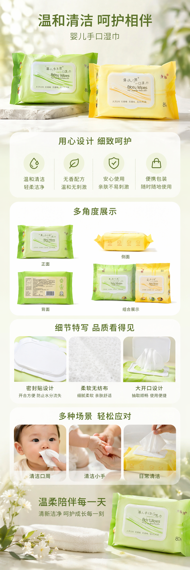 婴儿手口湿巾 绿色黄色包装 无酒精温和洁净详情1