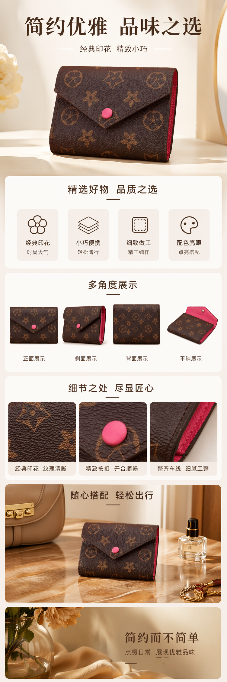 棕色花纹真皮钱包 时尚简约女士长款钱包 pic 1