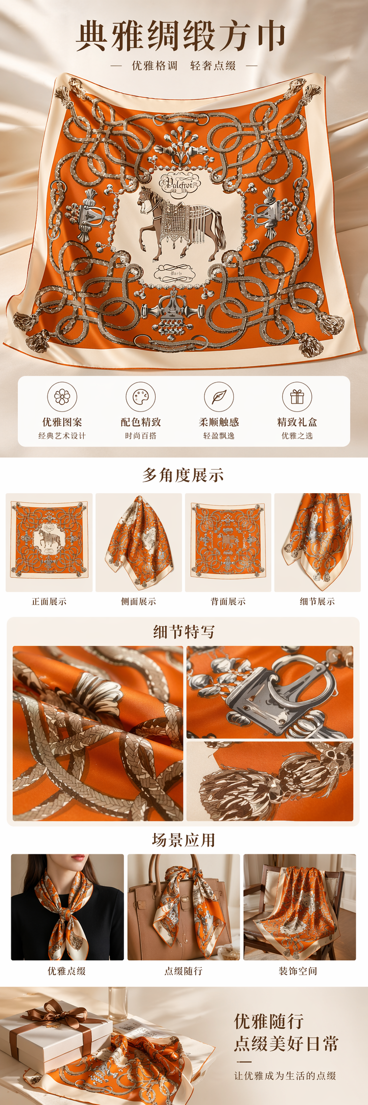 橙色背景丝巾中央棕色马匹图案配绳结金属饰件详情1