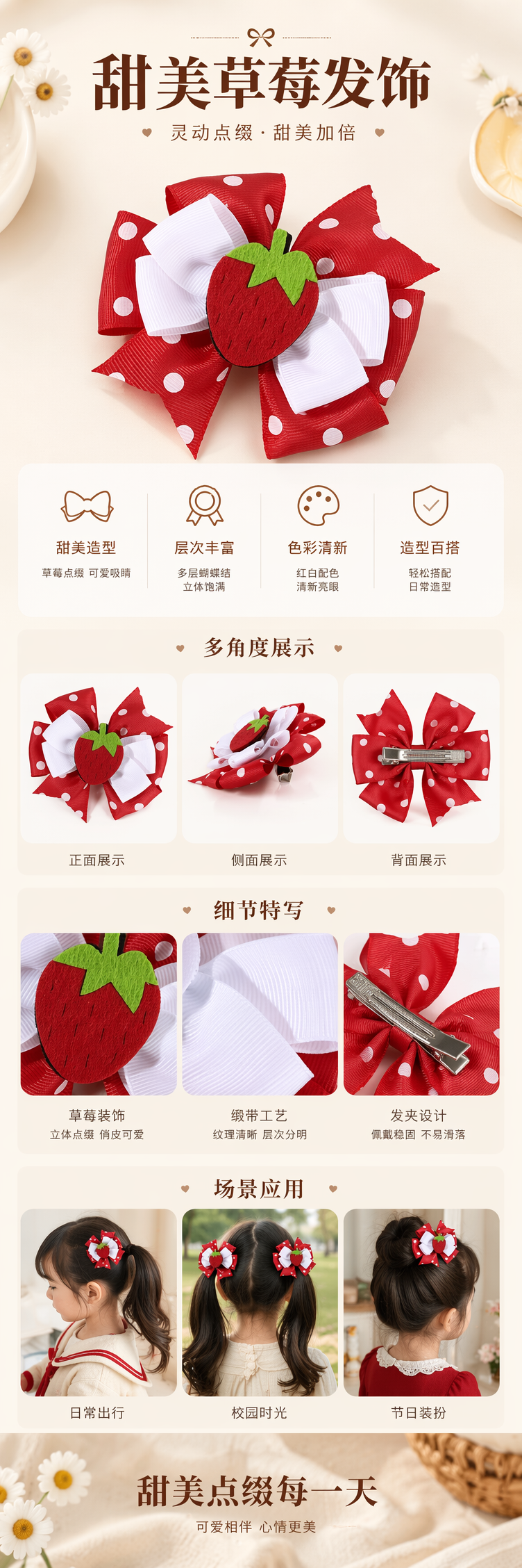 红色波点蝴蝶结发饰中央点缀草莓造型装饰详情1
